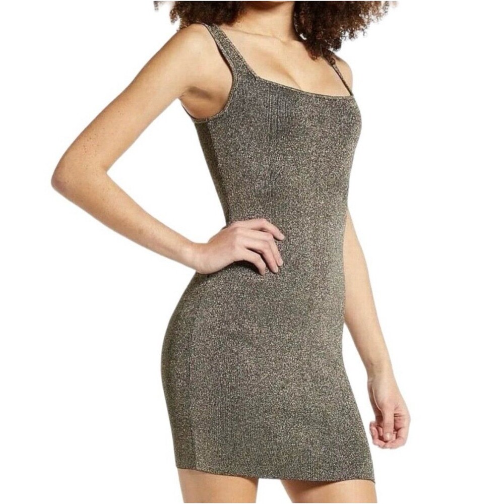 Leith Square Neck Sleeveless Metallic Gold Mini Sweater Dress